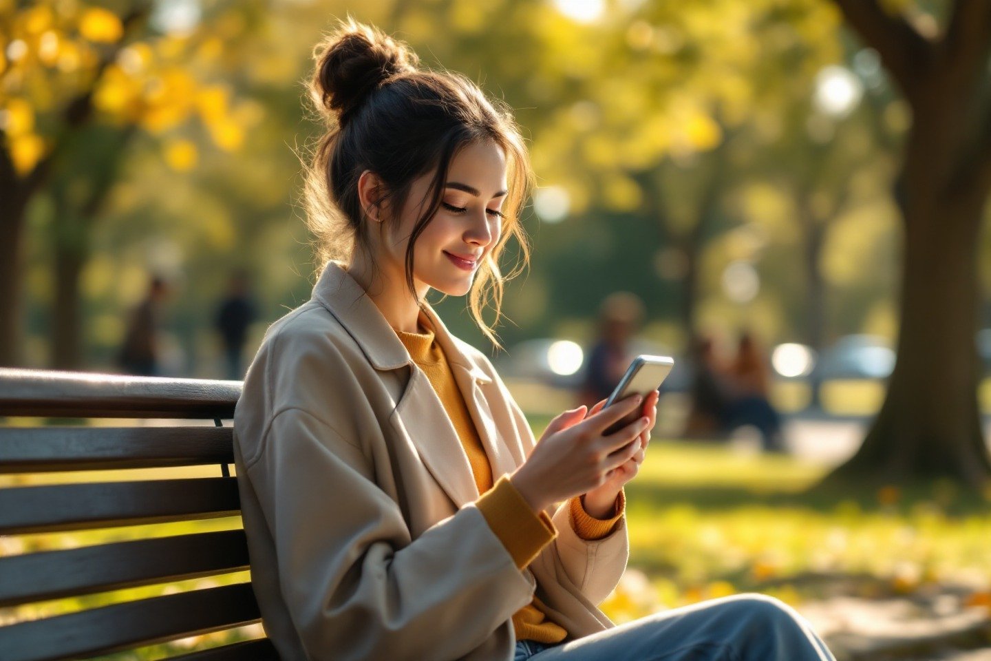 Una persona en un entorno tranquilo usando una aplicación de IA terapéutica en su teléfono móvil, ilustrando el uso del chatbot psicológico en la vida diaria.